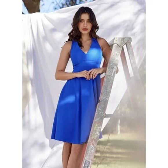 DRESS THE POPULATION Catalina Fit & Flare Cocktail Dress in Electric Blue Small - Picture 1 of 14